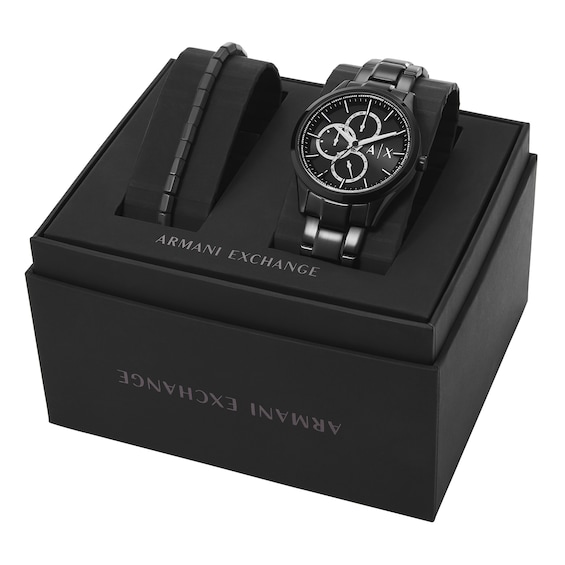 Menâs Armani Exchange Dante Black IP Chronograph Watch and Black Agate Barrel Bead Bracelet Box Set (Model: Ax7154Set)
