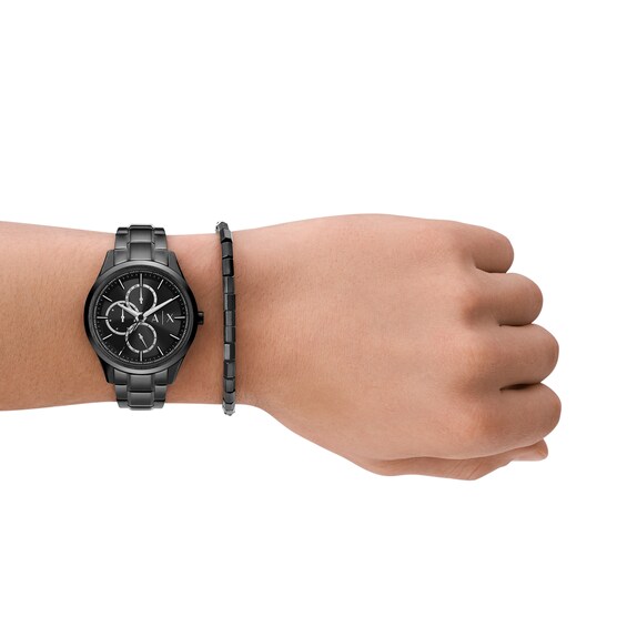 Menâs Armani Exchange Dante Black IP Chronograph Watch and Black Agate Barrel Bead Bracelet Box Set (Model: Ax7154Set)