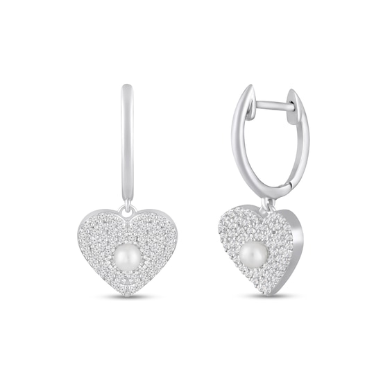 Freshwater Cultured Pearl and White Lab-Created Sapphire Heart Hoop Drop Earrings in Sterling Silver