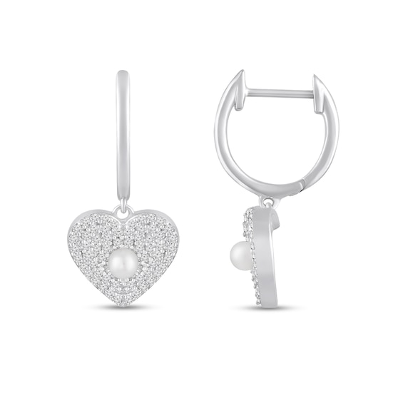 Freshwater Cultured Pearl and White Lab-Created Sapphire Heart Hoop Drop Earrings in Sterling Silver