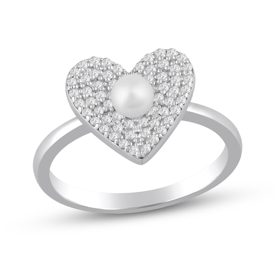 4.0mm Freshwater Cultured Pearl and White Lab-Created Sapphire Heart Ring in Sterling Silver
