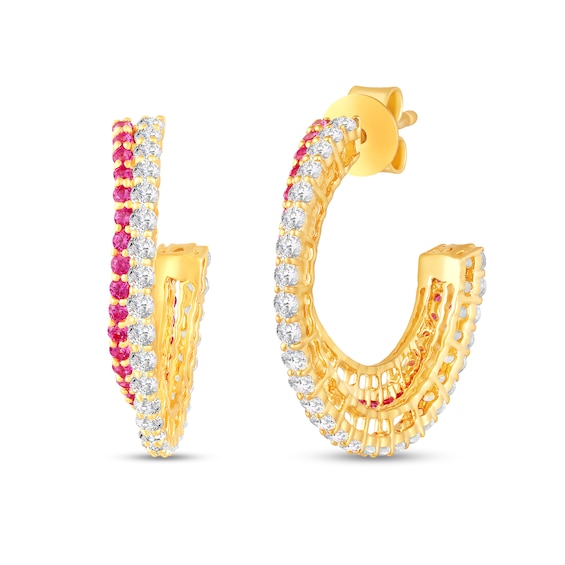 Lab-Created Ruby and White Lab-Created Sapphire Split J-Hoop Earrings in Sterling Silver with 14K Gold Plate