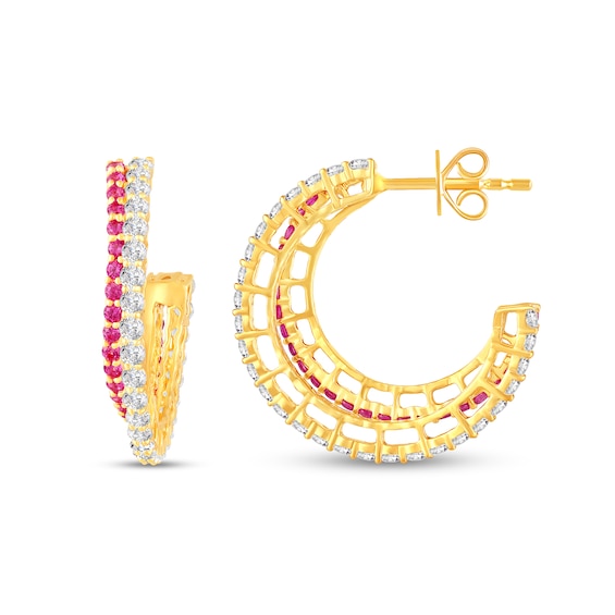 Lab-Created Ruby and White Lab-Created Sapphire Split J-Hoop Earrings in Sterling Silver with 14K Gold Plate