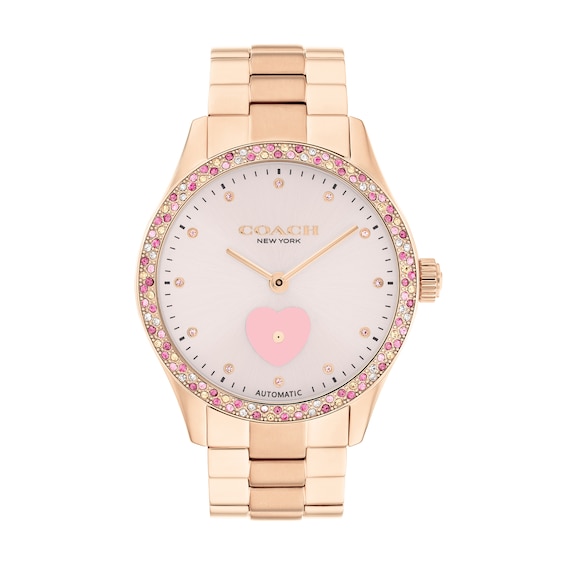 Ladies' Coach Brooks Multi-Color Crystal Rose-Tone IP Automatic Watch with Light Pink Dial (Model: 14504523)