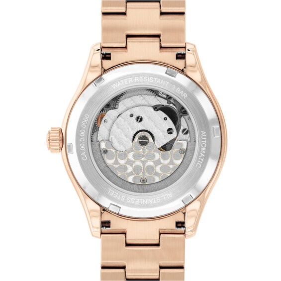 Ladies' Coach Brooks Multi-Color Crystal Rose-Tone IP Automatic Watch with Light Pink Dial (Model: 14504523)