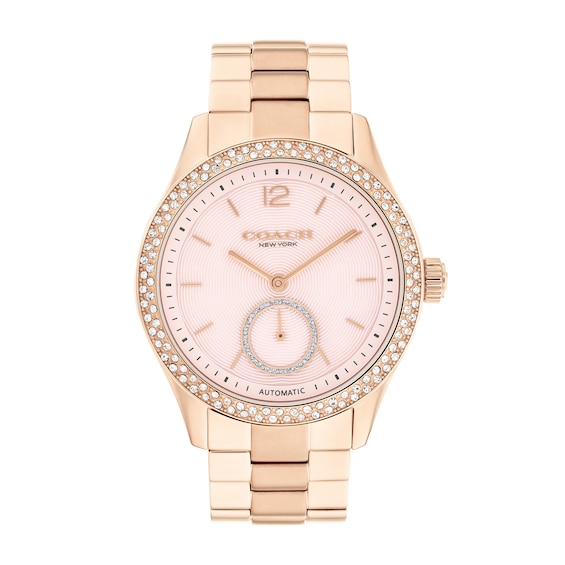 Ladies' Coach Brooks Crystal Accent Rose-Tone IP Automatic Watch with Pink Dial (Model: 14504488)