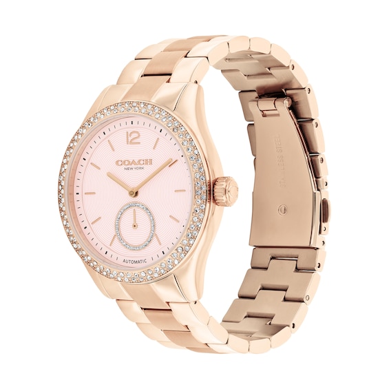 Ladies' Coach Brooks Crystal Accent Rose-Tone IP Automatic Watch with Pink Dial (Model: 14504488)
