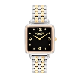 Ladies' Coach Cass Crystal Accent Two-Tone IP Watch with Square Black Dial (Model: 14504496)