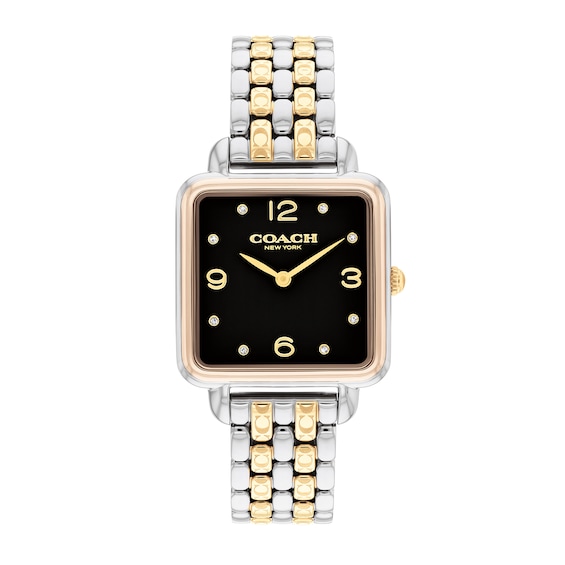 Ladies' Coach Cass Crystal Accent Two-Tone IP Watch with Square Black Dial (Model: 14504496)