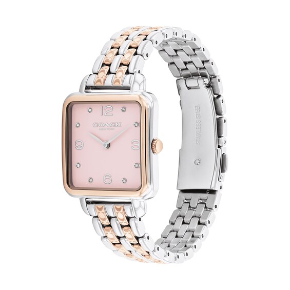 Ladies' Coach Cass Crystal Accent Two-Tone IP Watch with Square Pink Dial (Model: 14504497)