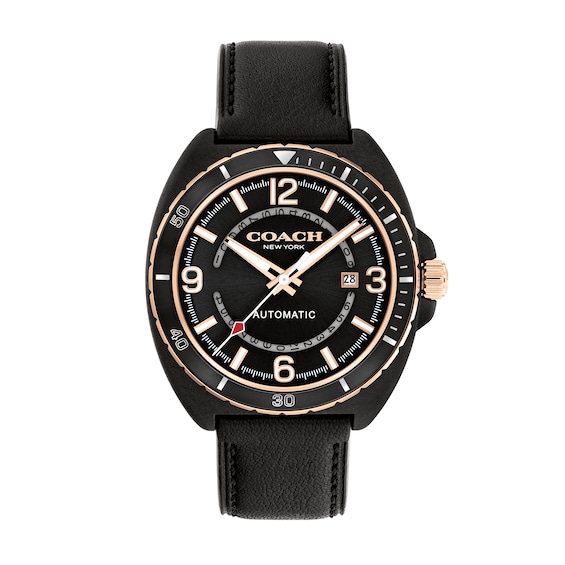 Menâs Coach Charter Black IP Leather Strap Automatic Watch with Black Dial (Model: 14602734)