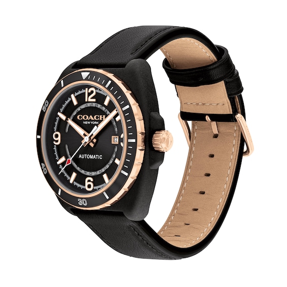 Menâs Coach Charter Black IP Leather Strap Automatic Watch with Black Dial (Model: 14602734)
