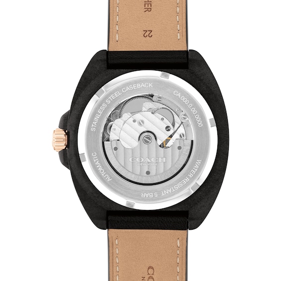 Menâs Coach Charter Black IP Leather Strap Automatic Watch with Black Dial (Model: 14602734)