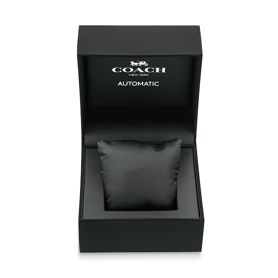 Menâs Coach Charter Black IP Leather Strap Automatic Watch with Black Dial (Model: 14602734)