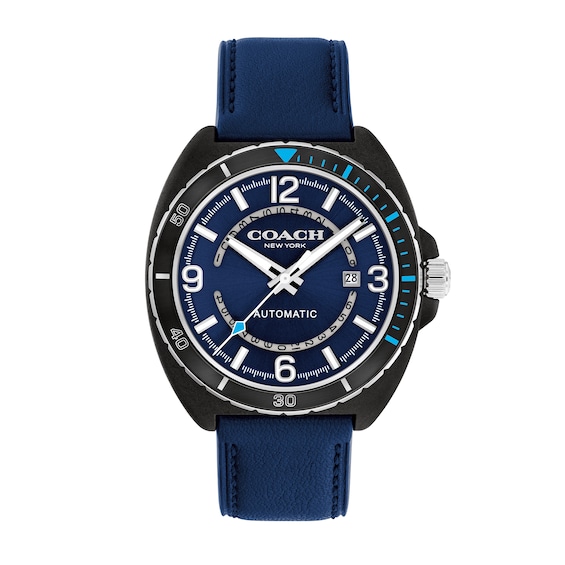 Menâs Coach Charter Black IP Blue Leather Strap Automatic Watch with Blue Dial (Model: 14602736)