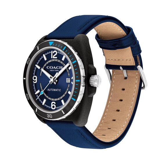 Menâs Coach Charter Black IP Blue Leather Strap Automatic Watch with Blue Dial (Model: 14602736)