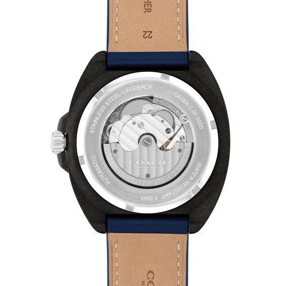 Menâs Coach Charter Black IP Blue Leather Strap Automatic Watch with Blue Dial (Model: 14602736)