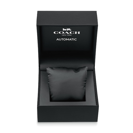 Menâs Coach Charter Black IP Blue Leather Strap Automatic Watch with Blue Dial (Model: 14602736)