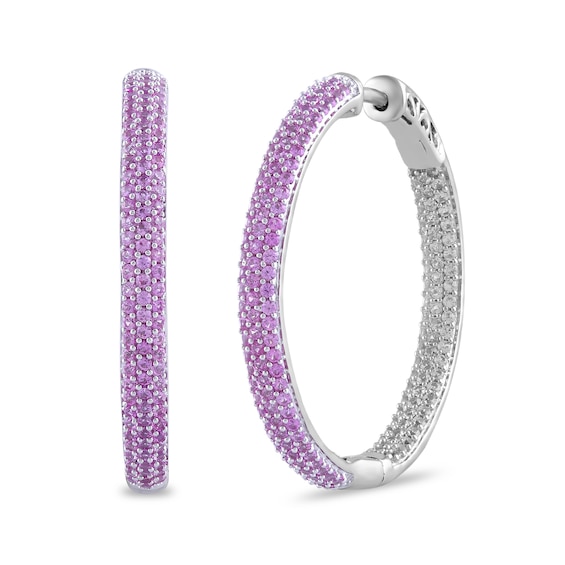 Pink and White Lab-Created Sapphire Triple Row Inside-Out Hoop Earrings in Sterling Silver