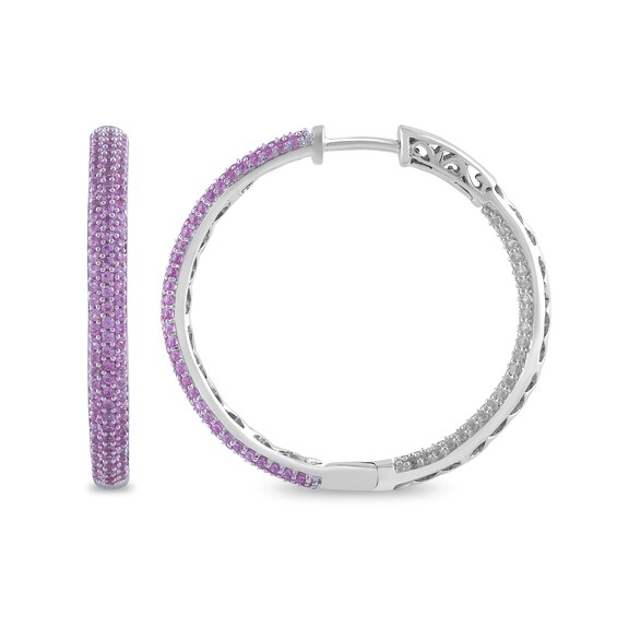 Pink and White Lab-Created Sapphire Triple Row Inside-Out Hoop Earrings in Sterling Silver