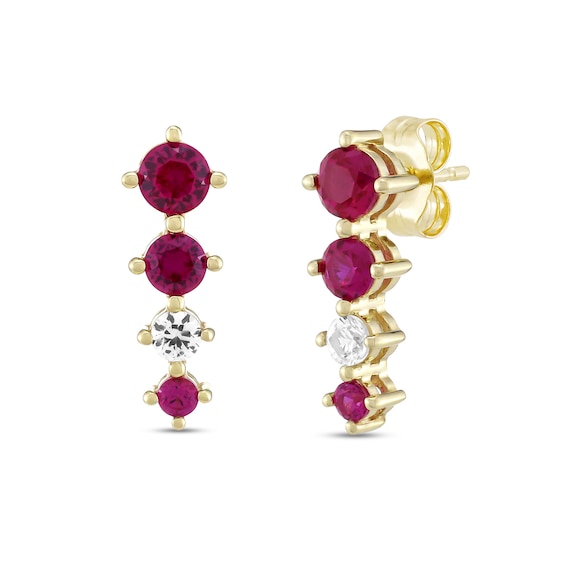 Lab-Created Ruby and White Lab-Created Sapphire Graduated Four Stone Linear Drop Earrings in 10K Gold