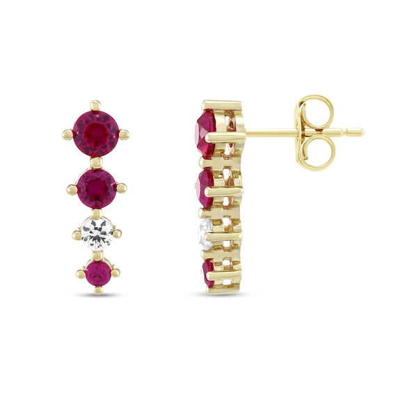 Lab-Created Ruby and White Lab-Created Sapphire Graduated Four Stone Linear Drop Earrings in 10K Gold