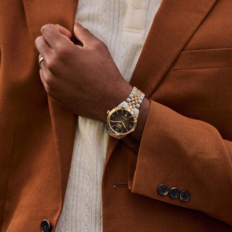 Main Image 4 of Men’s Citizen Eco-Drive® Dress Classic Rolan Two-Tone IP Watch with Brown Dial (Model: AW0156-57X)
