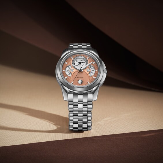 Menâs Citizen Eco-DriveÂ® Dress Classic Calendrier Chronograph Watch with Salmon Pink Dial (Model: Bu0080-52X)