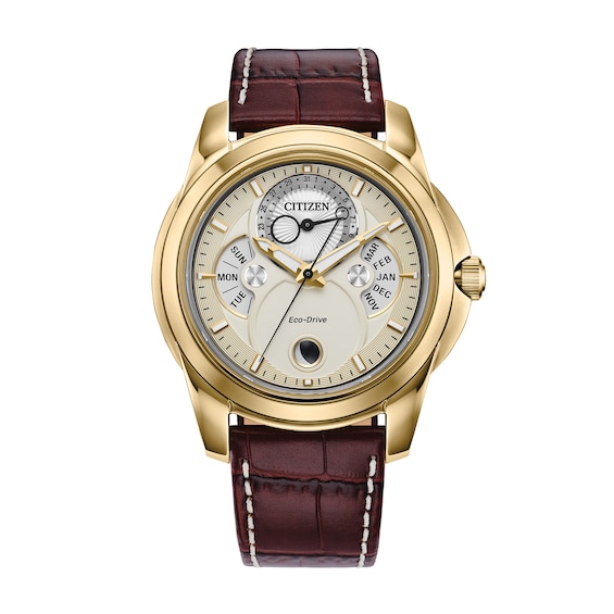 Menâs Citizen Eco-DriveÂ® Calendrier Gold-Tone IP Leather Strap Chronograph Watch with Gold-Tone Dial (Model: Bu0082-06P)