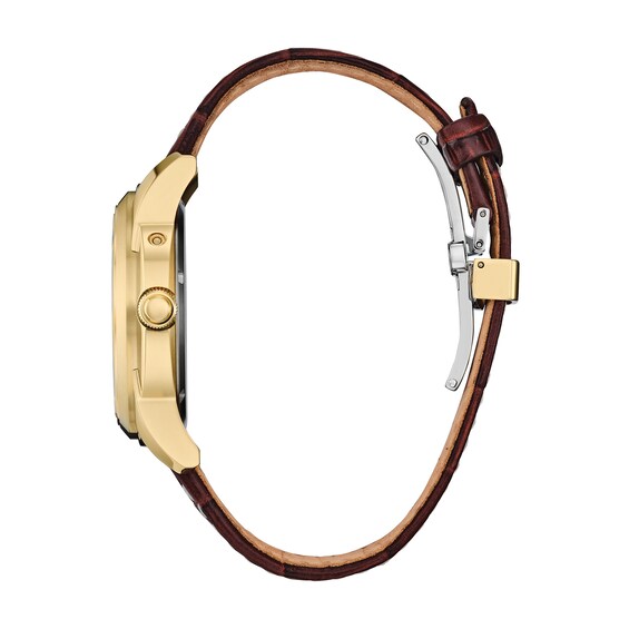 Menâs Citizen Eco-DriveÂ® Calendrier Gold-Tone IP Leather Strap Chronograph Watch with Gold-Tone Dial (Model: Bu0082-06P)