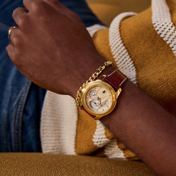 Menâs Citizen Eco-DriveÂ® Calendrier Gold-Tone IP Leather Strap Chronograph Watch with Gold-Tone Dial (Model: Bu0082-06P)