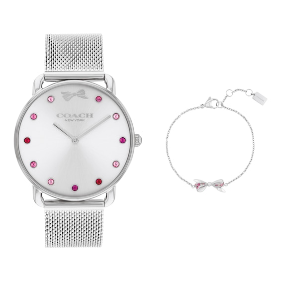 Ladiesâ Coach Elliot Pink Crystal Accent Bow Detail Watch with Silver-Tone Dial and Bracelet Box Set (Model: 14000123)