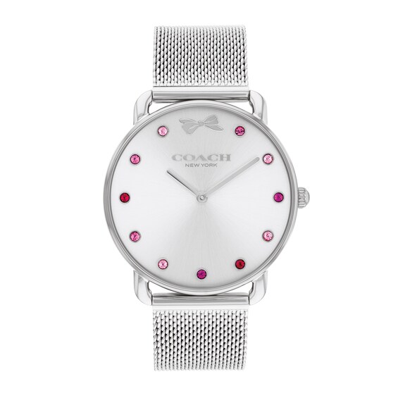 Ladiesâ Coach Elliot Pink Crystal Accent Bow Detail Watch with Silver-Tone Dial and Bracelet Box Set (Model: 14000123)