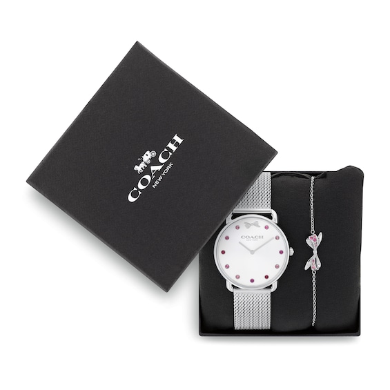 Ladiesâ Coach Elliot Pink Crystal Accent Bow Detail Watch with Silver-Tone Dial and Bracelet Box Set (Model: 14000123)