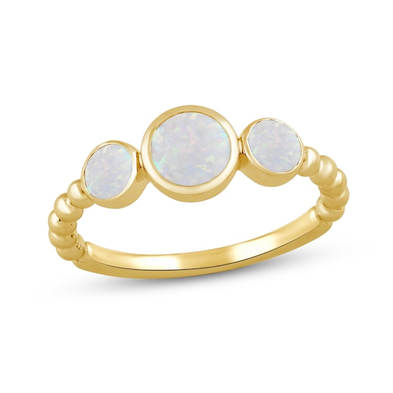 Lab-Created Opal Bezel-Set Three Stone Bead Shank Ring in 10K Gold
