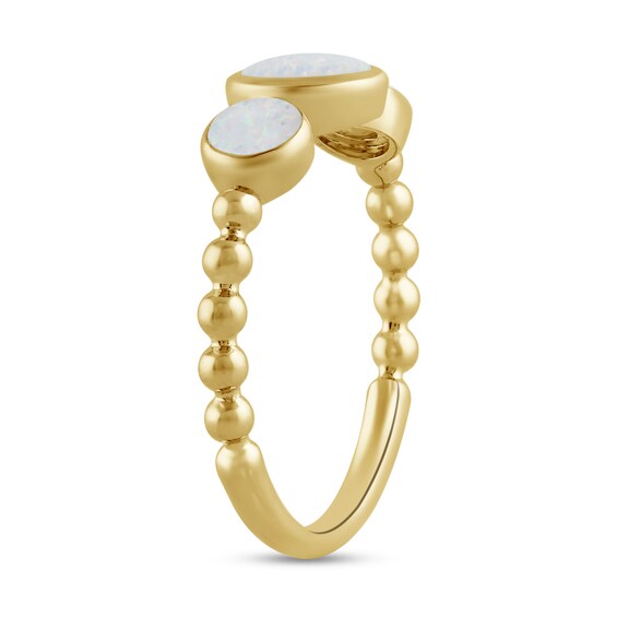 Lab-Created Opal Bezel-Set Three Stone Bead Shank Ring in 10K Gold