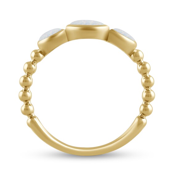 Lab-Created Opal Bezel-Set Three Stone Bead Shank Ring in 10K Gold