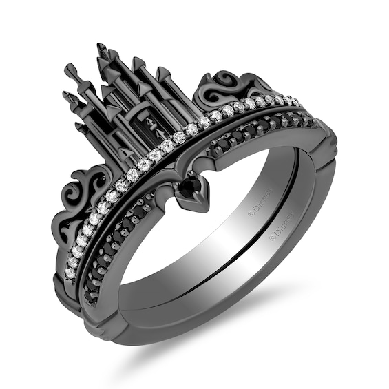 Enchanted Disney Villains Maleficent Onyx and 1/6 CT. T.w. Diamond Castle and Crown Ring Set in Black Sterling Silver