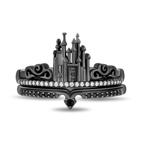 Enchanted Disney Villains Maleficent Onyx and 1/6 CT. T.w. Diamond Castle and Crown Ring Set in Black Sterling Silver