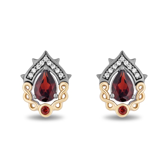 Enchanted Disney Villains Evil Queen Pear-Shaped Garnet and Diamond Crown Stud Earrings in Sterling Silver and 10K Gold