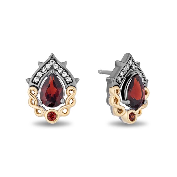 Enchanted Disney Villains Evil Queen Pear-Shaped Garnet and Diamond Crown Stud Earrings in Sterling Silver and 10K Gold