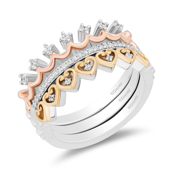 Enchanted Disney Majestic Princess 1/6 CT. T.w. Diamond Three Piece Ring Set in Sterling Silver and 10K Two-Tone Gold
