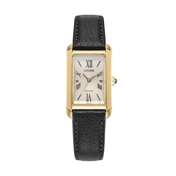 Ladies' Citizen Eco-DriveÂ® Bianca Gold-Tone IP Black Leather Strap Watch with Rectangular Dial (Model: Ew5622-09P)