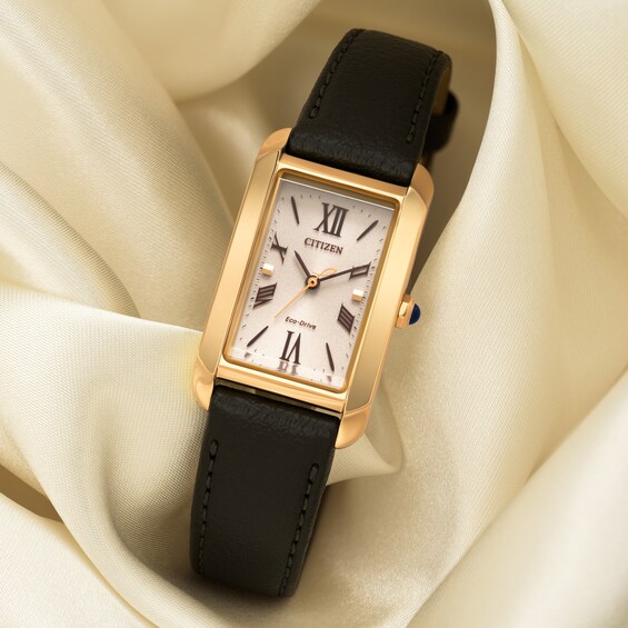 Ladies' Citizen Eco-DriveÂ® Bianca Gold-Tone IP Black Leather Strap Watch with Rectangular Dial (Model: Ew5622-09P)