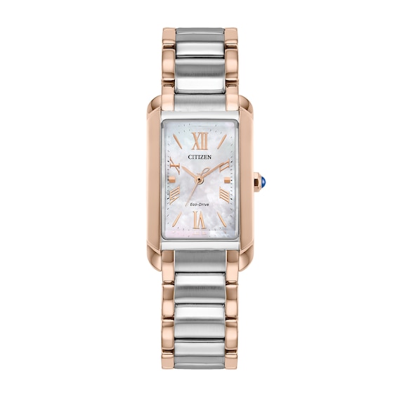 Ladies' Citizen Eco-DriveÂ® Bianca Two-Tone IP Watch with Rectangular Pink Mother-of-Pearl Dial (Model: Ew5624-54Y)
