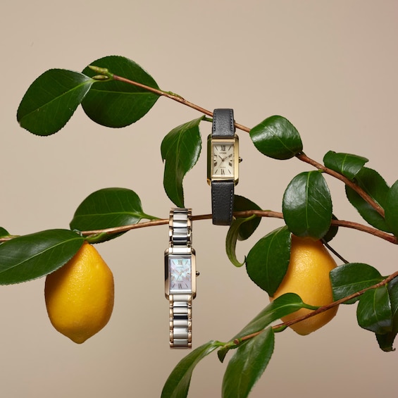 Ladies' Citizen Eco-Drive® Bianca Two-Tone IP Watch with Rectangular Pink Mother-of-Pearl Dial (Model: Ew5624-54Y)