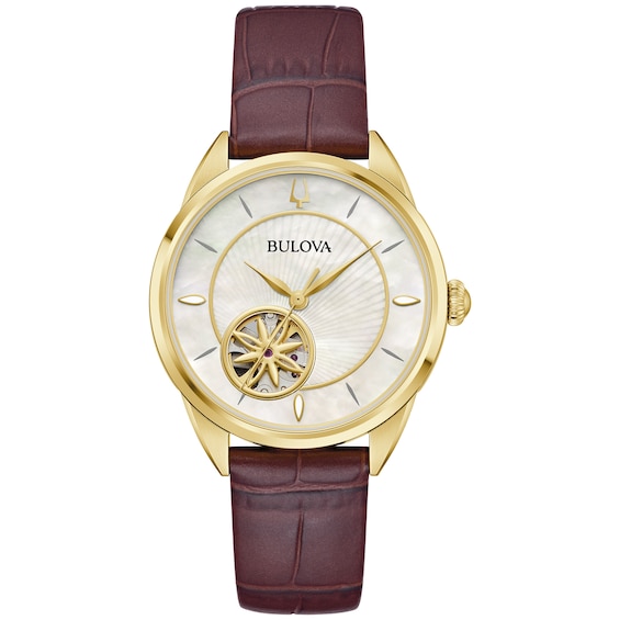 Ladies' Bulova Sutton Gold-Tone IP Brown Leather Strap Automatic Watch with Mother-of-Pearl Dial (Model: 97L179)