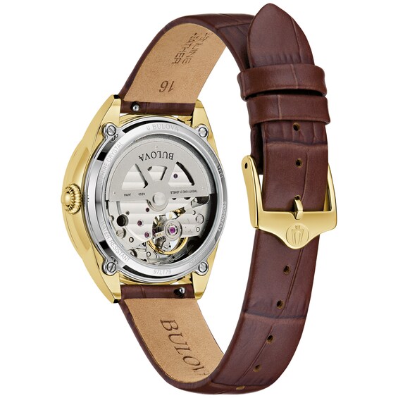 Ladies' Bulova Sutton Gold-Tone IP Brown Leather Strap Automatic Watch with Mother-of-Pearl Dial (Model: 97L179)