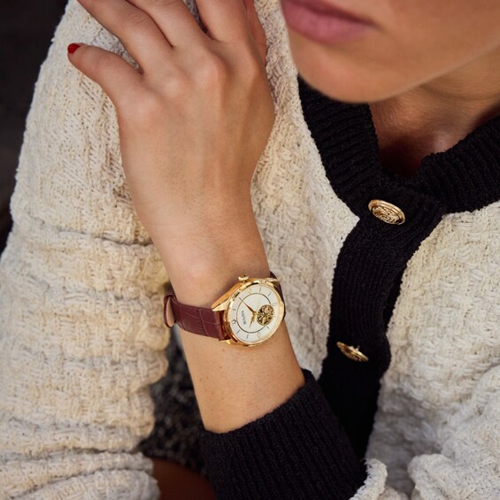 Ladies' Bulova Sutton Gold-Tone IP Brown Leather Strap Automatic Watch with Mother-of-Pearl Dial (Model: 97L179)