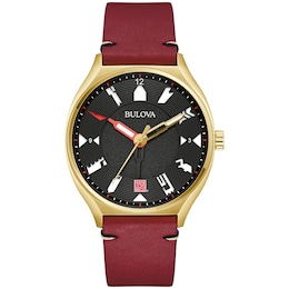 Men's Bulova Frank Lloyd Wright Gold-Tone IP Red leather Strap Automatic Watch with Black Dial (Model: 97A192)
